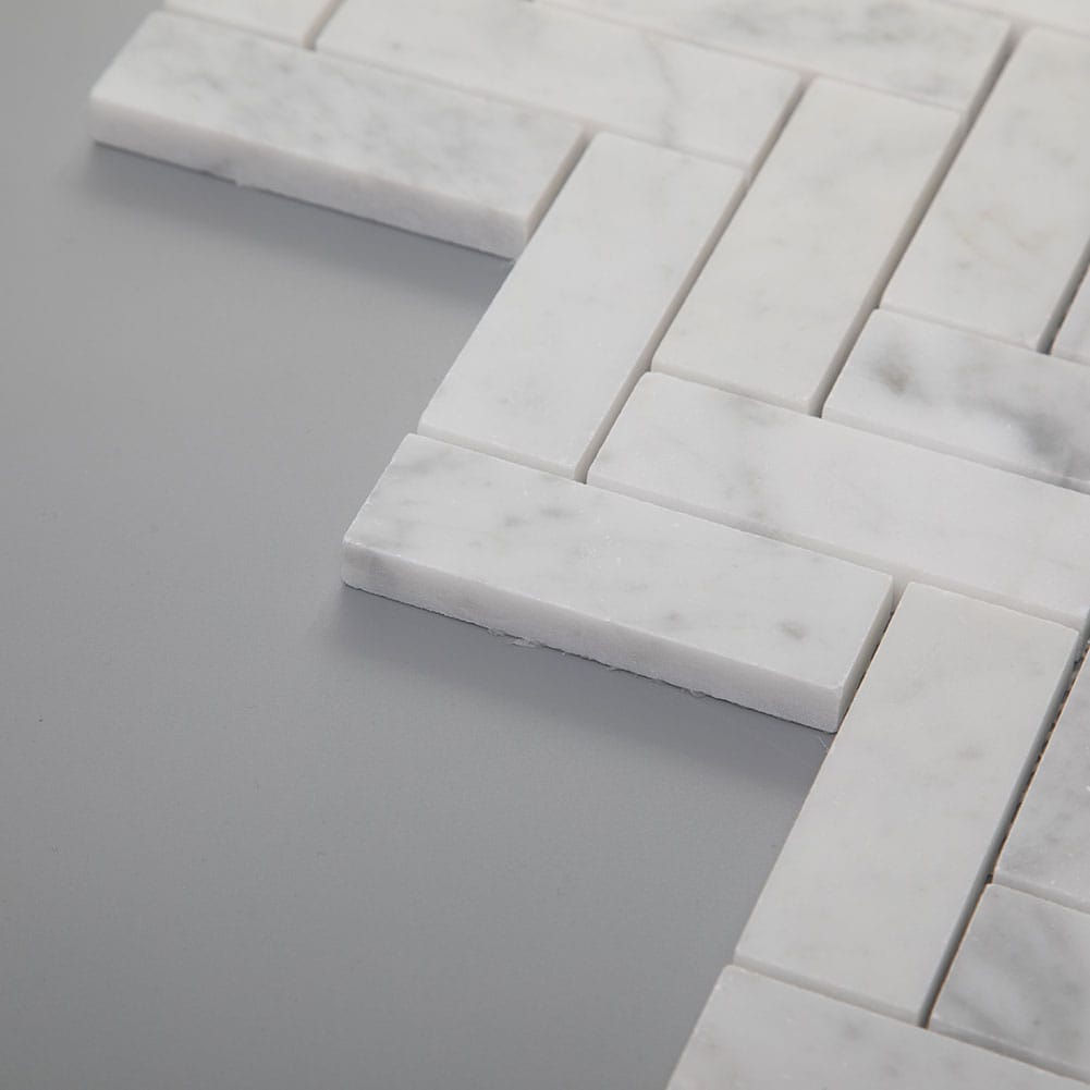 Bianco White Carrara Marble 1 x 3 Herringbone Mosaic Tile Honed (5-Pack)