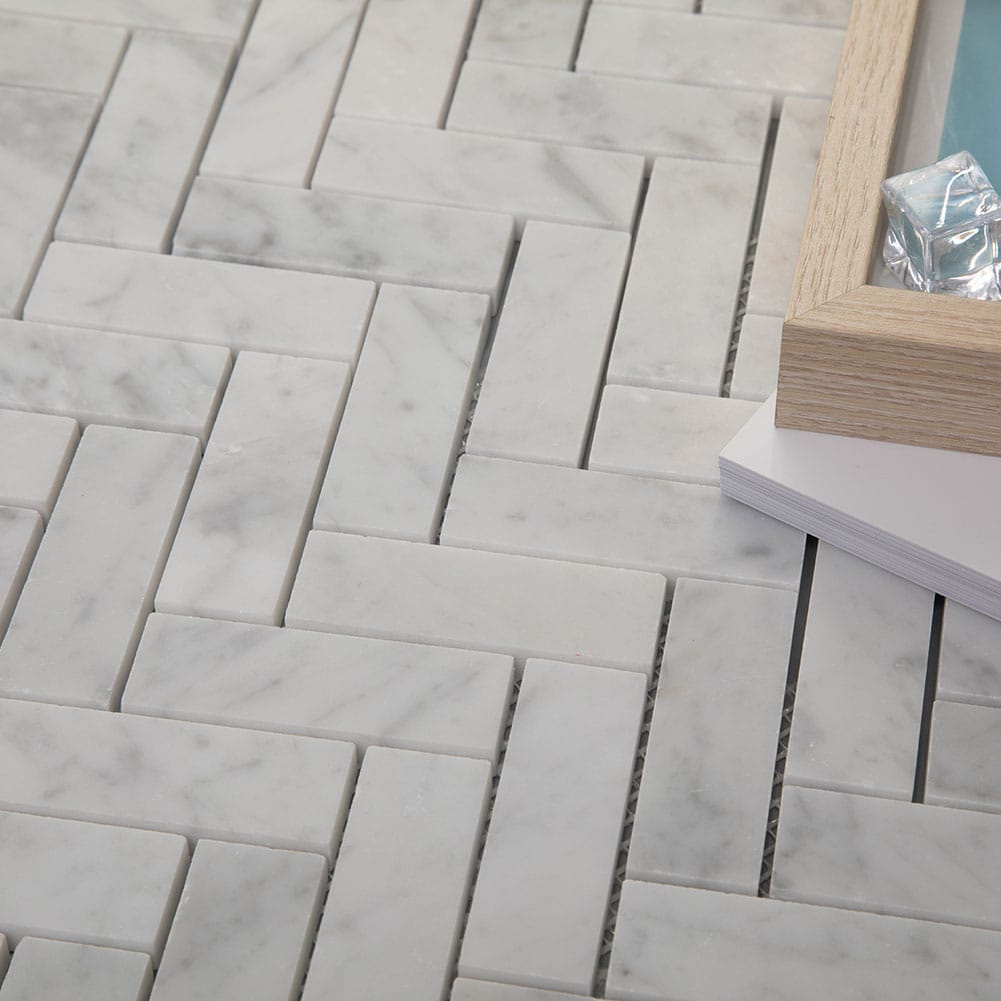 Bianco White Carrara Marble 1 x 3 Herringbone Mosaic Tile Honed (5-Pack)