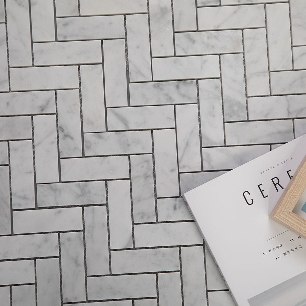 Bianco White Carrara Marble 1 x 3 Herringbone Mosaic Tile Honed (5-Pack)