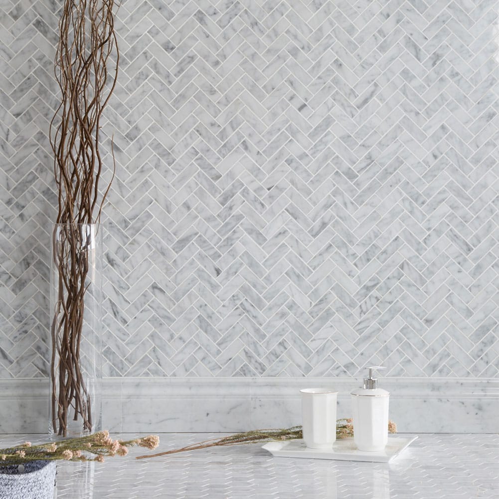 Bianco White Carrara Marble 1 x 3 Herringbone Mosaic Tile Honed (5-Pack)