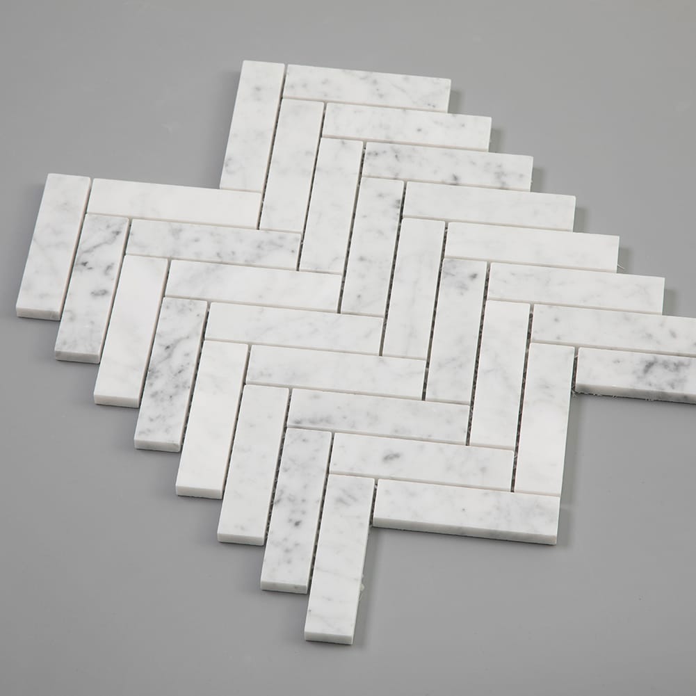 Bianco White Carrara Marble 1 x 4 Herringbone Mosaic Tile Polished (5-Pack)