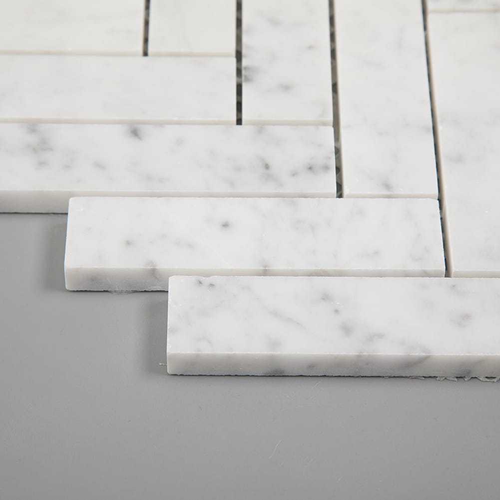 Bianco White Carrara Marble 1 x 4 Herringbone Mosaic Tile Polished (5-Pack)