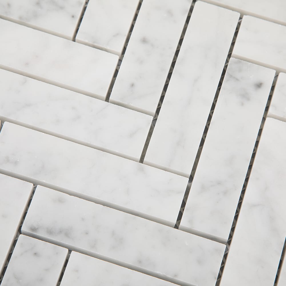 Bianco White Carrara Marble 1 x 4 Herringbone Mosaic Tile Polished (5-Pack)