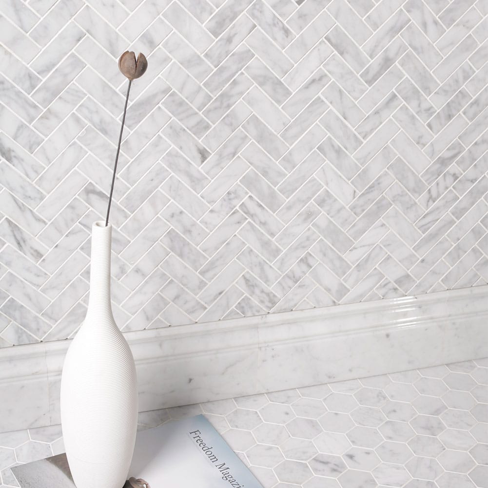 Bianco White Carrara Marble 1 x 4 Herringbone Mosaic Tile Polished (5-Pack)
