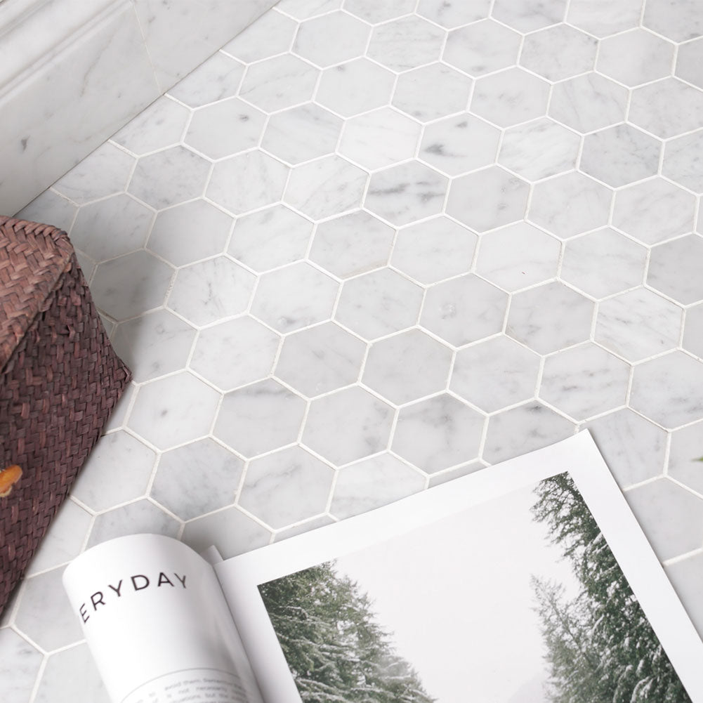 Bianco White Carrara Marble 2 Inch Hexagon Mosaic Tile Honed (5-Pack)