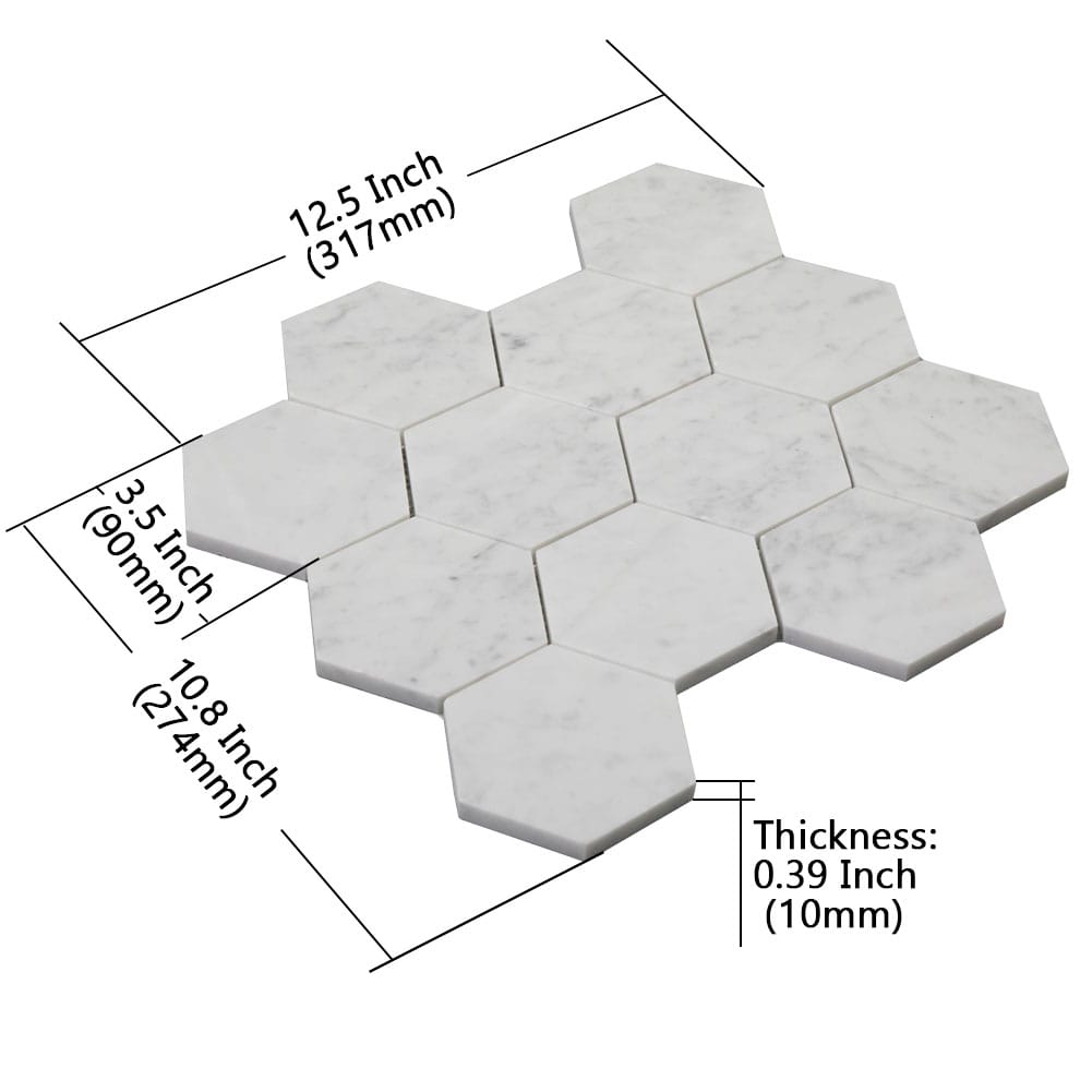 Bianco White Carrara Marble 4 Inch Hexagon Mosaic Tile Honed (5-Pack)