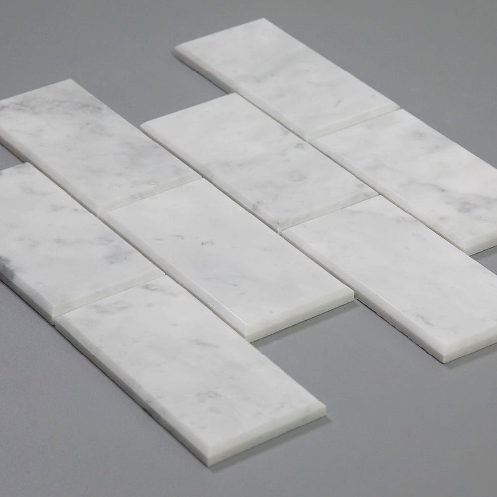 Bianco White Carrara Marble 3 x 6 Brick Subway Mosaic Tile Polished with Beveled Edge (5-Pack)