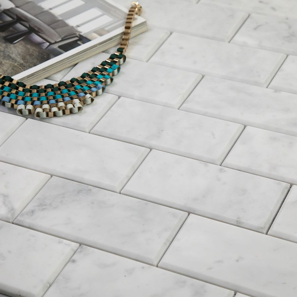 Bianco White Carrara Marble 3 x 6 Brick Subway Mosaic Tile Polished with Beveled Edge (5-Pack)