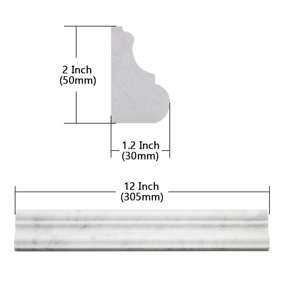 Bianco White Carrara Marble Chair Rail Trim Molding 2 x 12 Inch Polished (8-Pack)