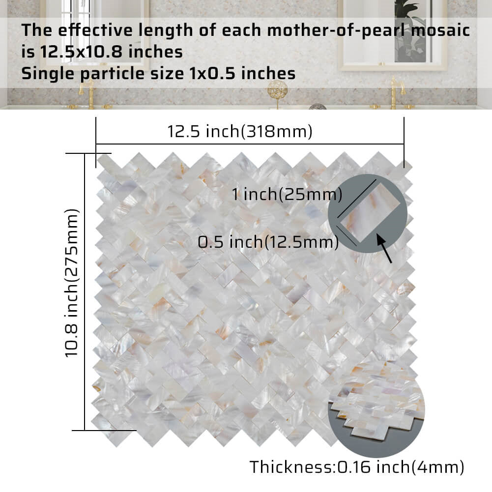 SimplInstall | Mother of Pearl Marble Herringbone Peel and Stick Tile, 11 x 12, White, 4 mm Thick - Floor & Decor