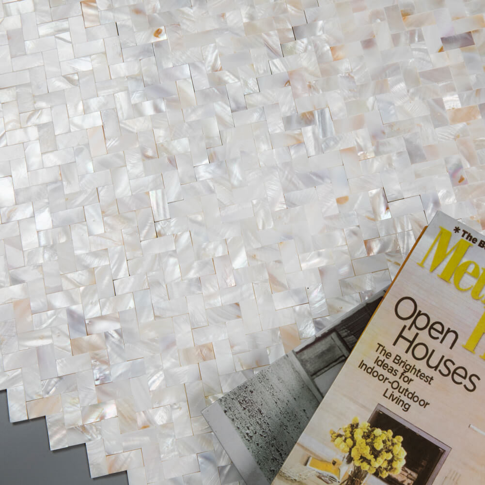 Peel and Stick Shell Backsplash Herringbone Mother of Pearl Mosaic 6-Pack