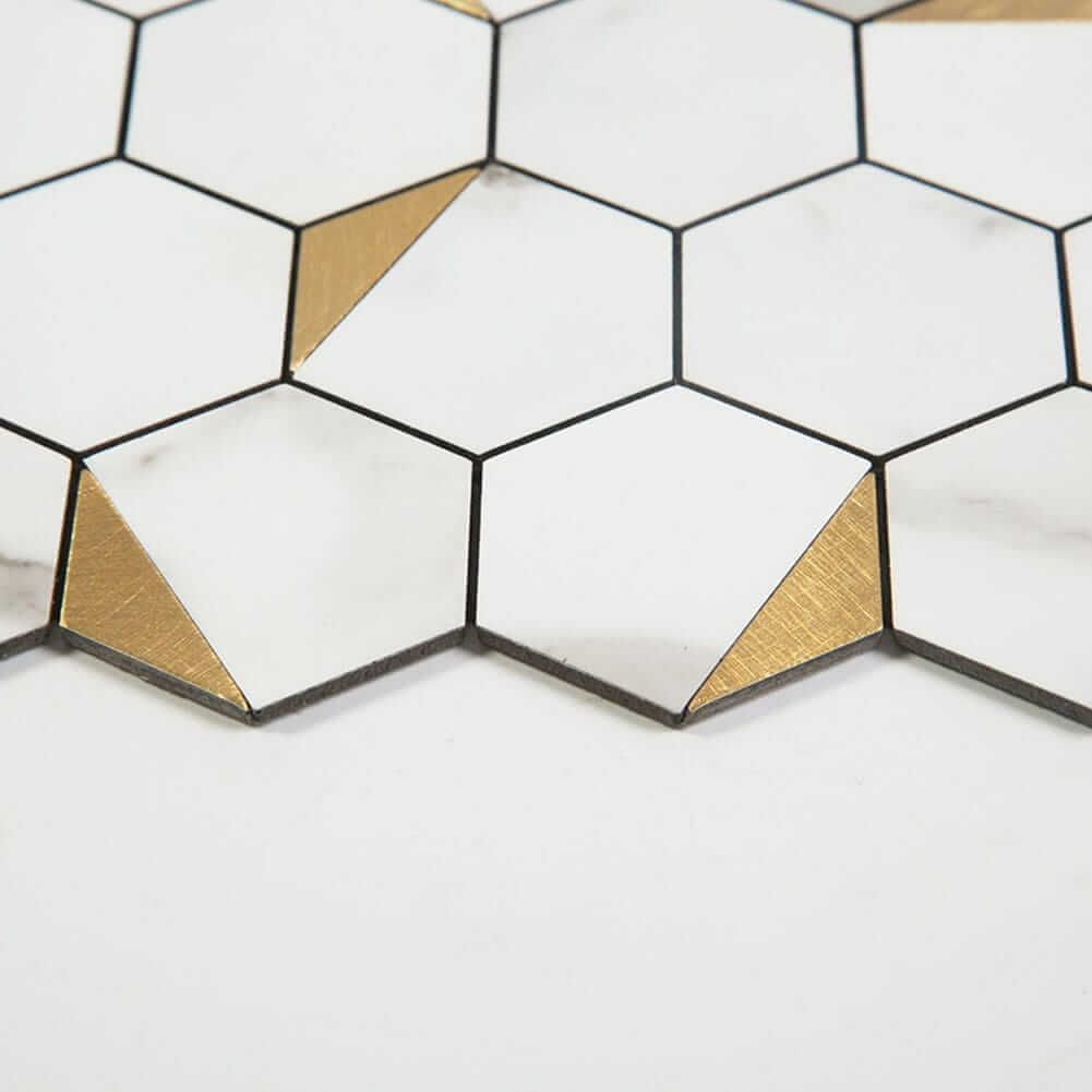 White Marble Grain with Gold Hexagon Peel and Stick Backsplash Tile (5-Pack)