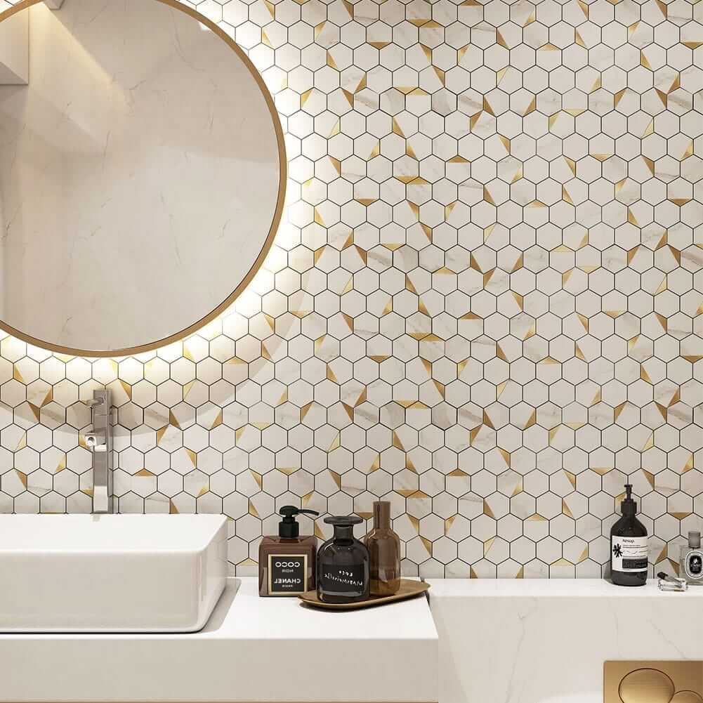 White Marble Grain with Gold Hexagon Peel and Stick Backsplash Tile (5-Pack)