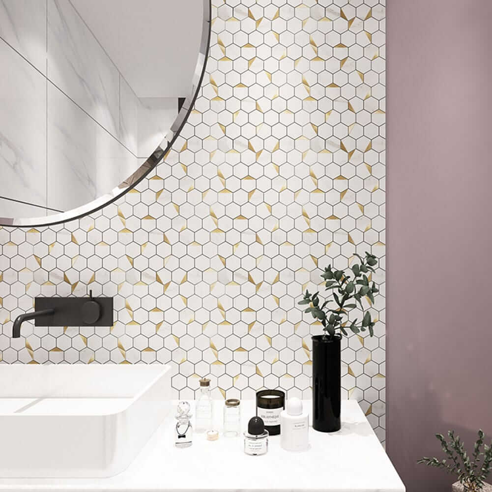 White Marble Grain with Gold Hexagon Peel and Stick Backsplash Tile (5-Pack)