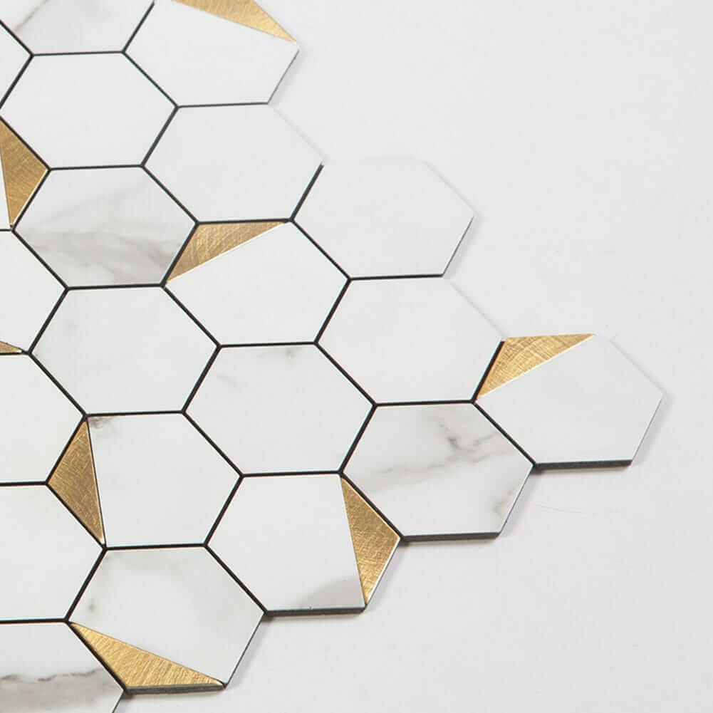 White Marble Grain with Gold Hexagon Peel and Stick Backsplash Tile (5-Pack)