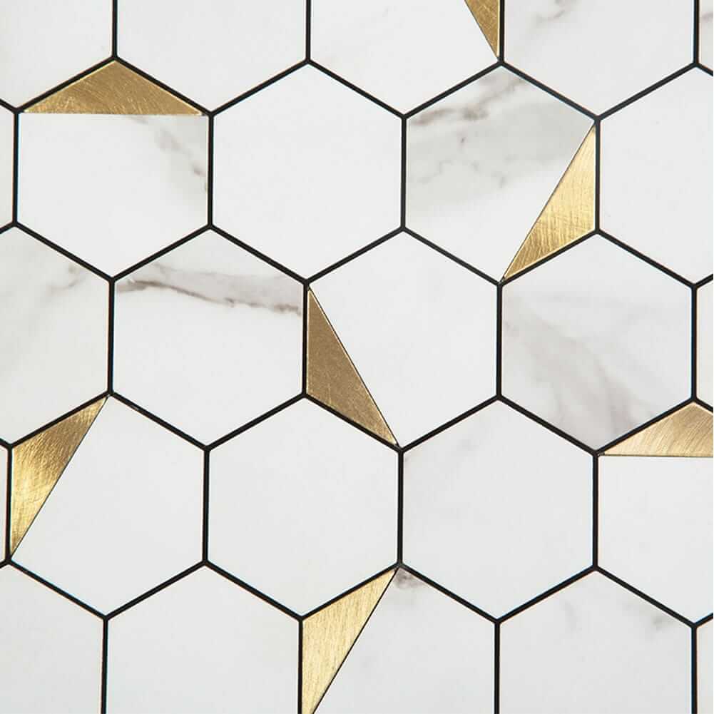 White Marble Grain with Gold Hexagon Peel and Stick Backsplash Tile (5-Pack)