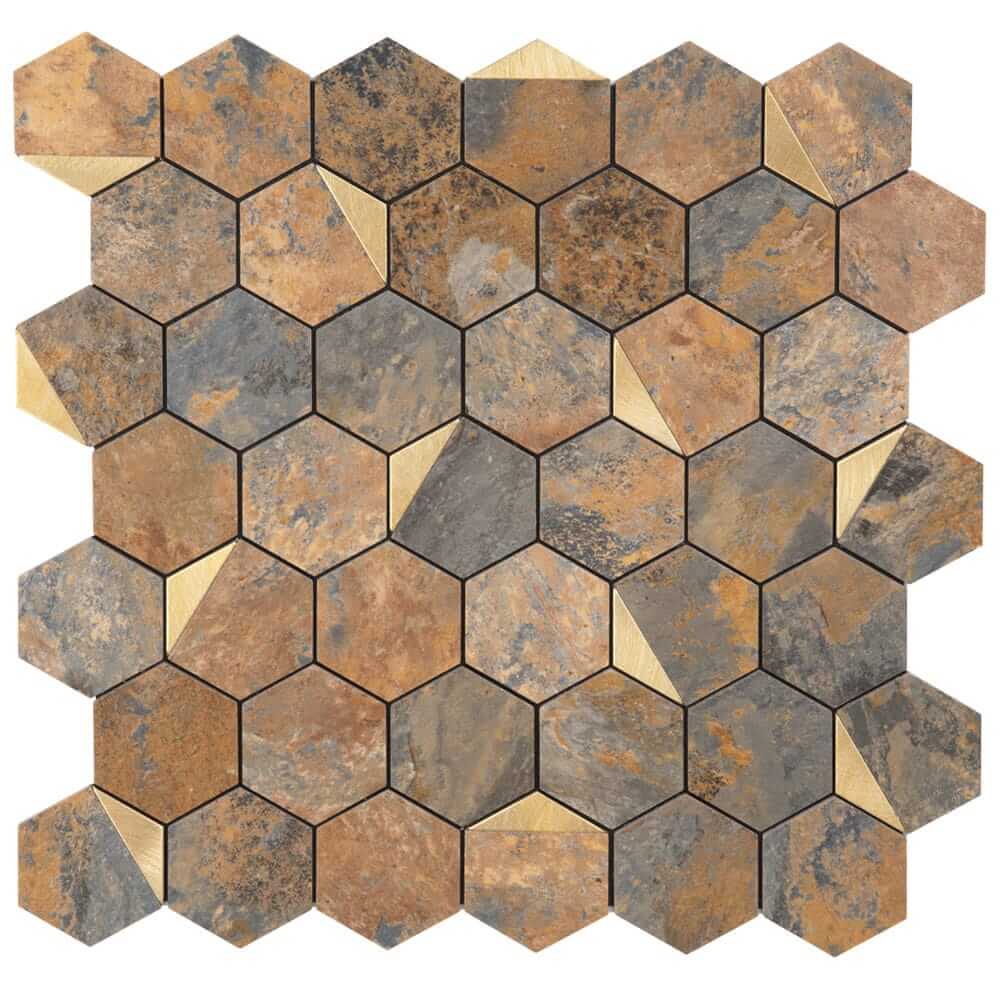 Peel and Stick Tile Backsplash PVC Rusty Slate Stone 2 Inch Hexagon Tile(Brown, 5-Pack)