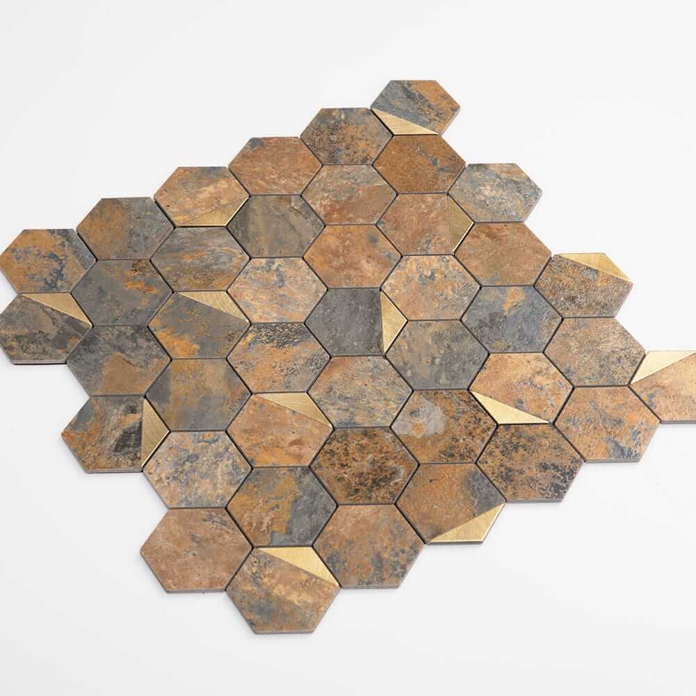 Peel and Stick Tile Backsplash PVC Rusty Slate Stone 2 Inch Hexagon Tile(Brown, 5-Pack)