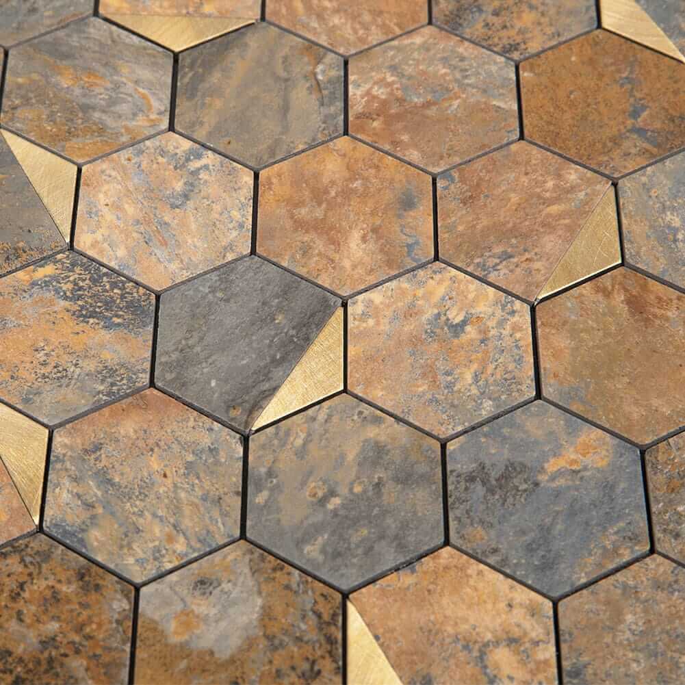 Peel and Stick Tile Backsplash PVC Rusty Slate Stone 2 Inch Hexagon Tile(Brown, 5-Pack)