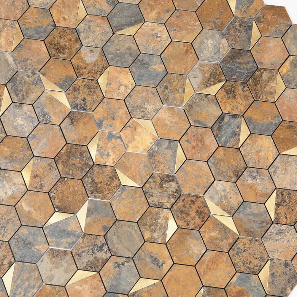 Peel and Stick Tile Backsplash PVC Rusty Slate Stone 2 Inch Hexagon Tile(Brown, 5-Pack)