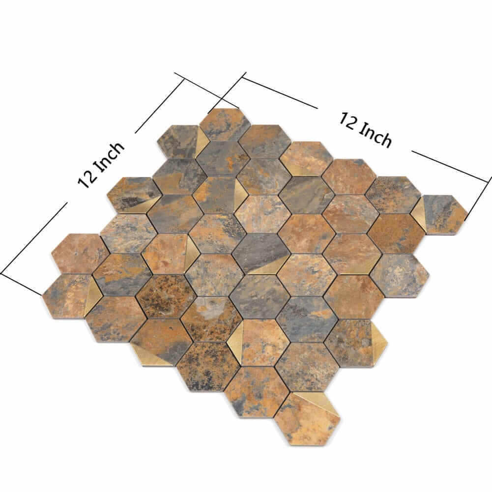 Peel and Stick Tile Backsplash PVC Rusty Slate Stone 2 Inch Hexagon Tile(Brown, 5-Pack)