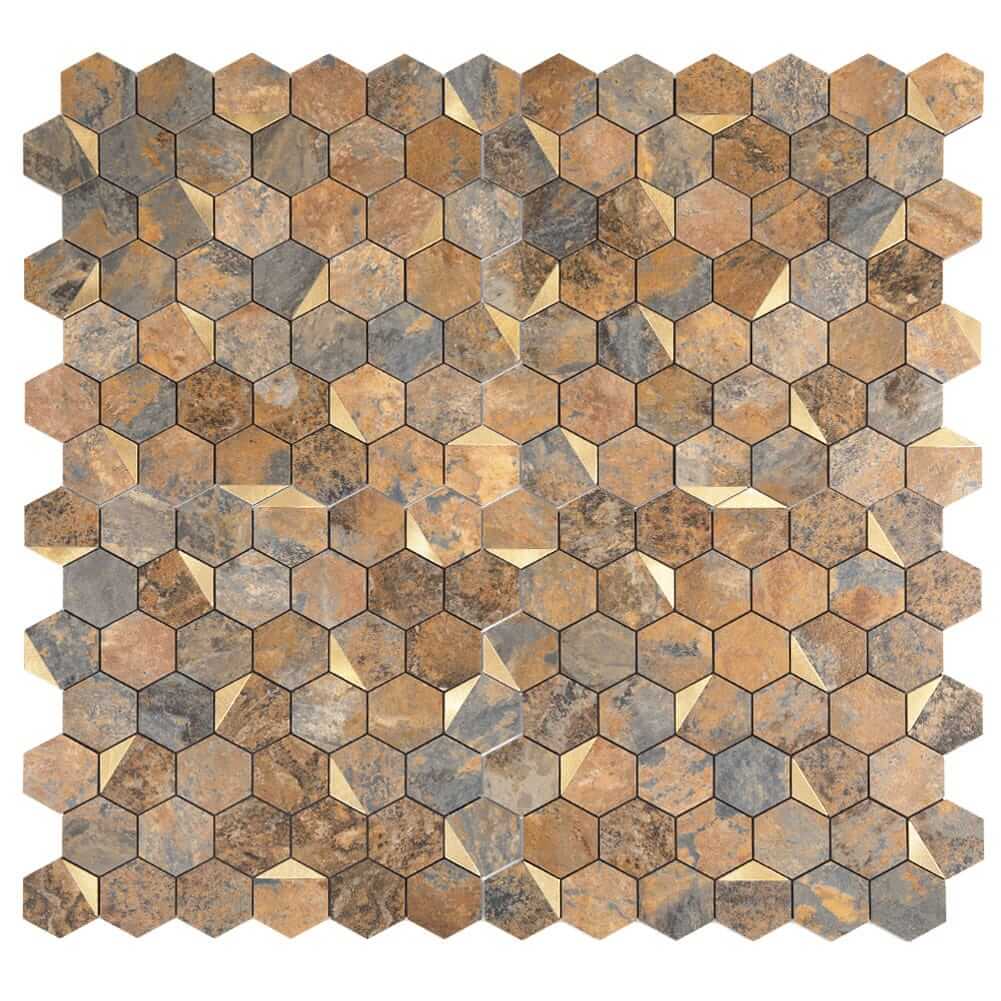 Peel and Stick Tile Backsplash PVC Rusty Slate Stone 2 Inch Hexagon Tile(Brown, 5-Pack)