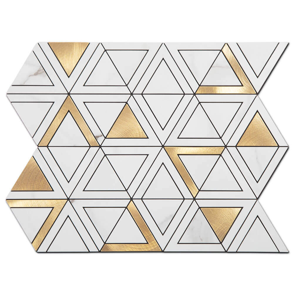 Peel and Stick Tile Backsplash PVC White Marble Stone with Gold Metal Triangle Tile (5-Pack)