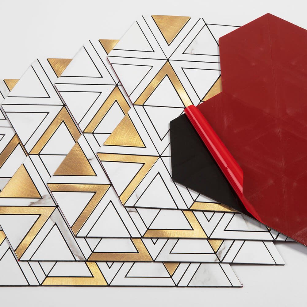 Peel and Stick Tile Backsplash PVC White Marble Stone with Gold Metal Triangle Tile (5-Pack)