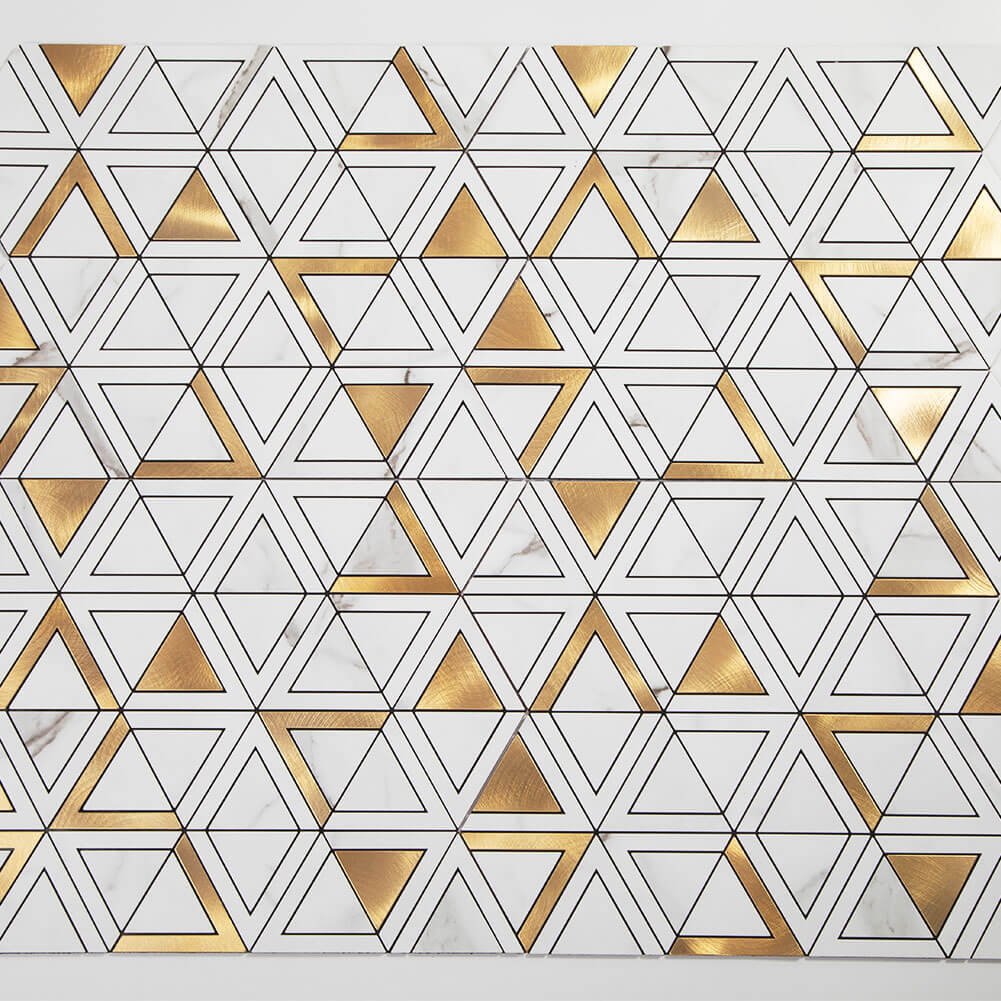 Peel and Stick Tile Backsplash PVC White Marble Stone with Gold Metal Triangle Tile (5-Pack)