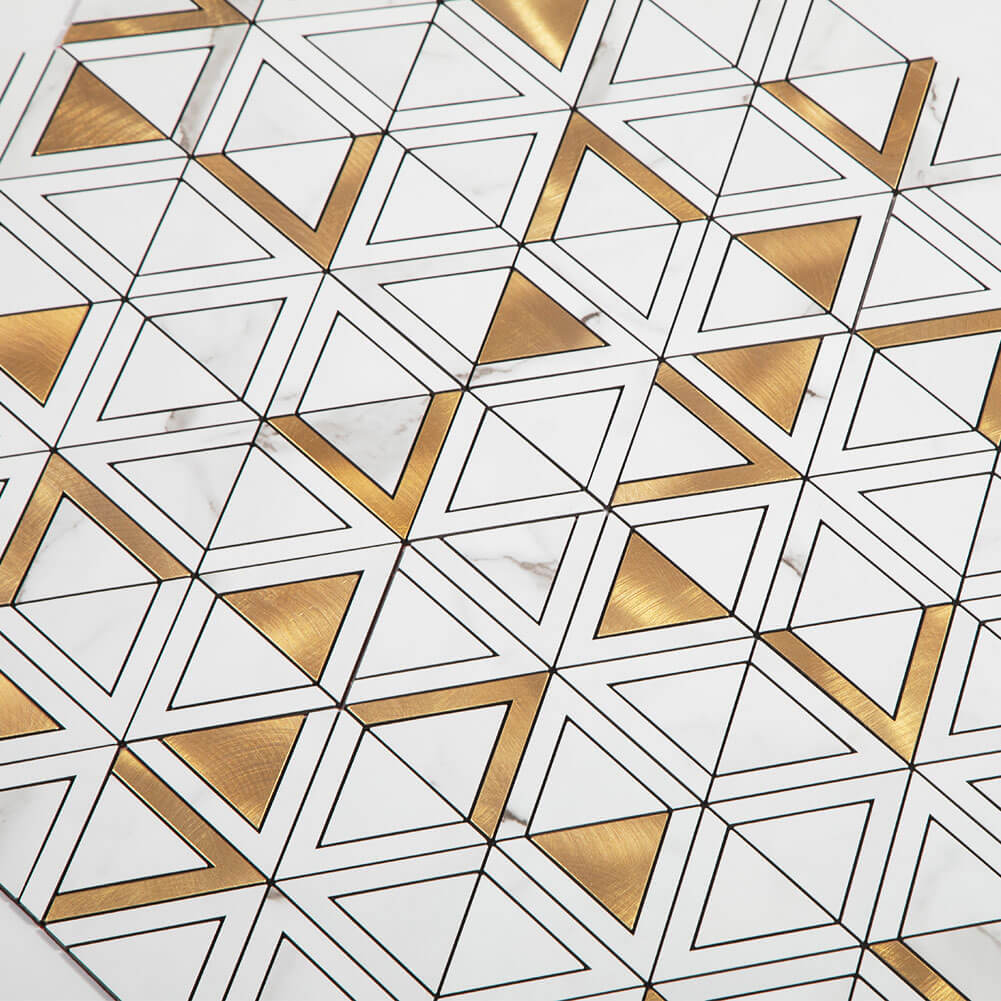 Peel and Stick Tile Backsplash PVC White Marble Stone with Gold Metal Triangle Tile (5-Pack)
