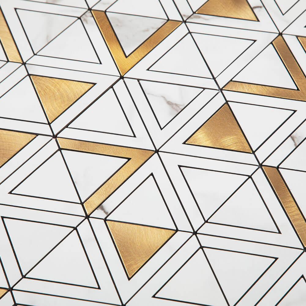 Peel and Stick Tile Backsplash PVC White Marble Stone with Gold Metal Triangle Tile (5-Pack)