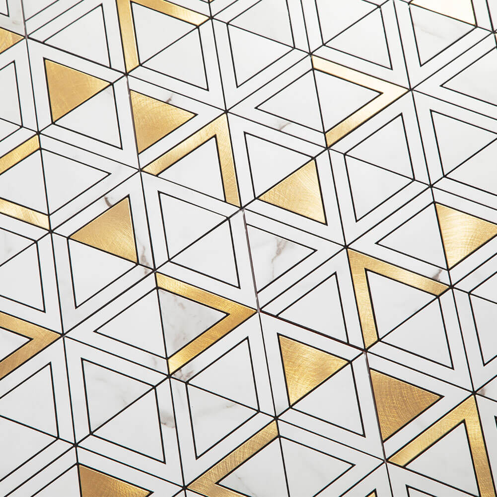 Peel and Stick Tile Backsplash PVC White Marble Stone with Gold Metal Triangle Tile (5-Pack)