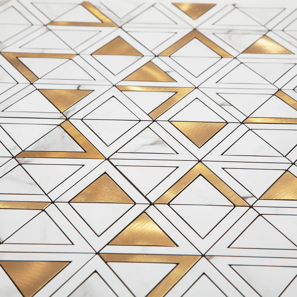 Peel and Stick Tile Backsplash PVC White Marble Stone with Gold Metal Triangle Tile (5-Pack)