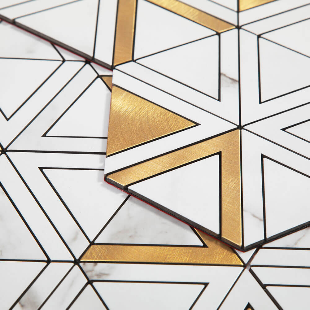 Peel and Stick Tile Backsplash PVC White Marble Stone with Gold Metal Triangle Tile (5-Pack)