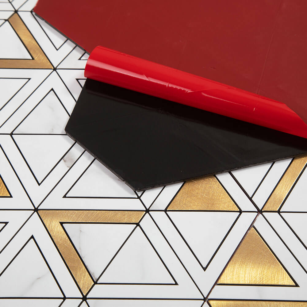 Peel and Stick Tile Backsplash PVC White Marble Stone with Gold Metal Triangle Tile (5-Pack)