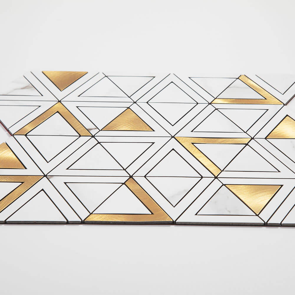 Peel and Stick Tile Backsplash PVC White Marble Stone with Gold Metal Triangle Tile (5-Pack)