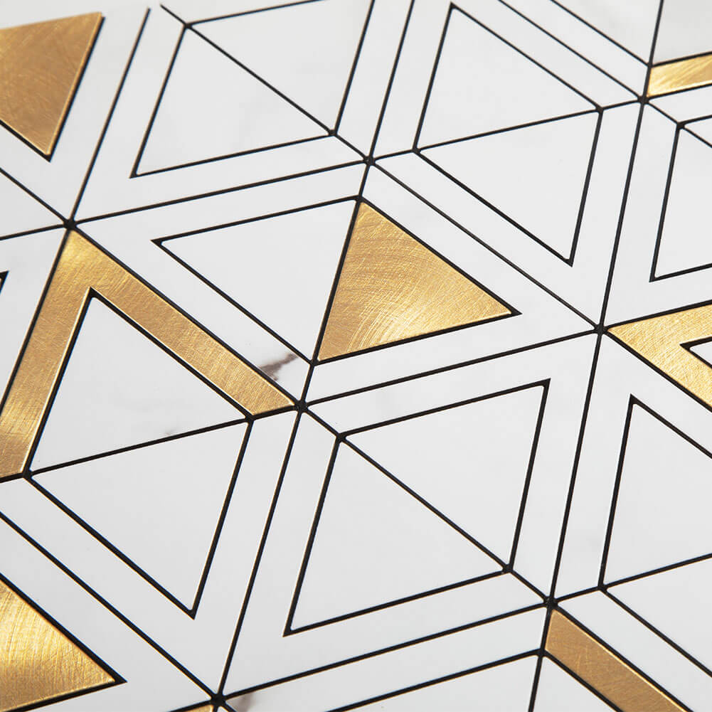 Peel and Stick Tile Backsplash PVC White Marble Stone with Gold Metal Triangle Tile (5-Pack)