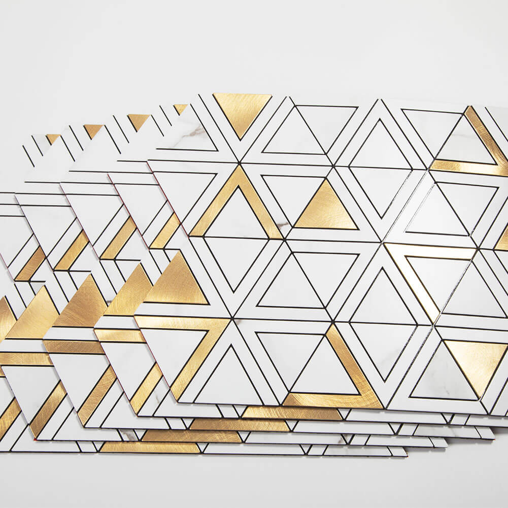 Peel and Stick Tile Backsplash PVC White Marble Stone with Gold Metal Triangle Tile (5-Pack)