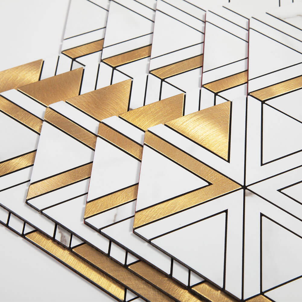 Peel and Stick Tile Backsplash PVC White Marble Stone with Gold Metal Triangle Tile (5-Pack)