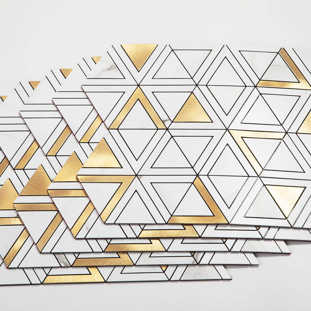Peel and Stick Tile Backsplash PVC White Marble Stone with Gold Metal Triangle Tile (5-Pack)