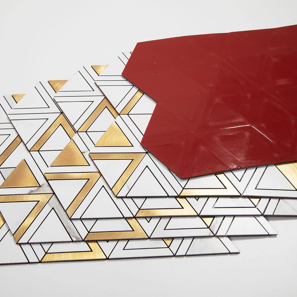 Peel and Stick Tile Backsplash PVC White Marble Stone with Gold Metal Triangle Tile (5-Pack)