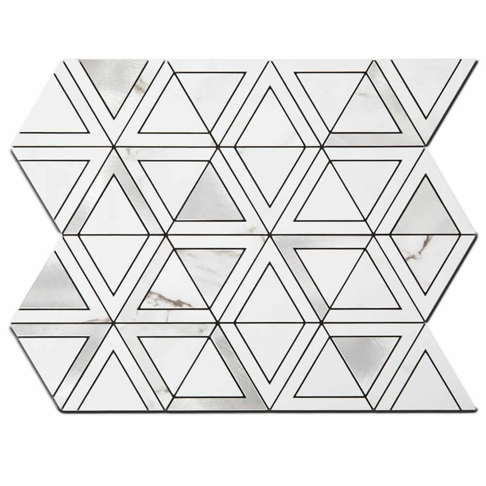White Marble Grain with Stainless Steel Triangle Peel and Stick Tile Backsplash (5-Pack)