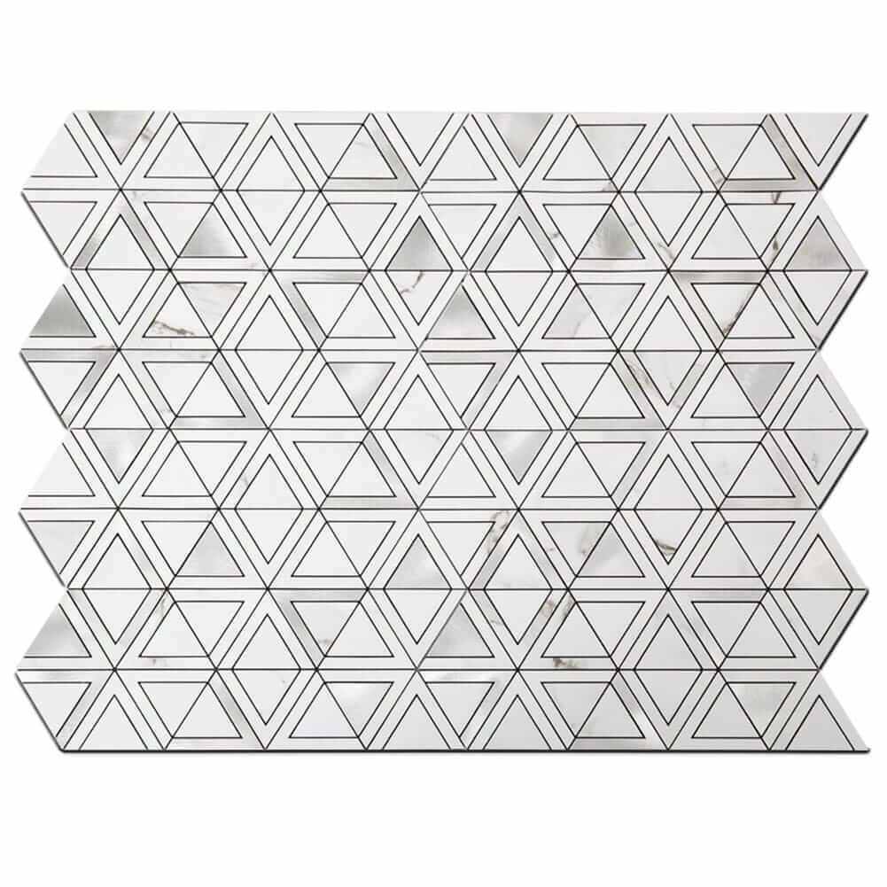 White Marble Grain with Stainless Steel Triangle Peel and Stick Tile Backsplash (5-Pack)