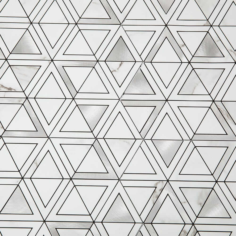 White Marble Grain with Stainless Steel Triangle Peel and Stick Tile Backsplash (5-Pack)