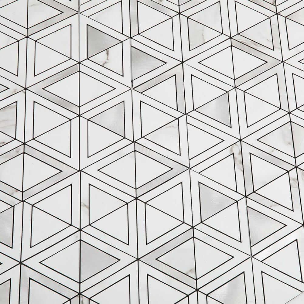 White Marble Grain with Stainless Steel Triangle Peel and Stick Tile Backsplash (5-Pack)