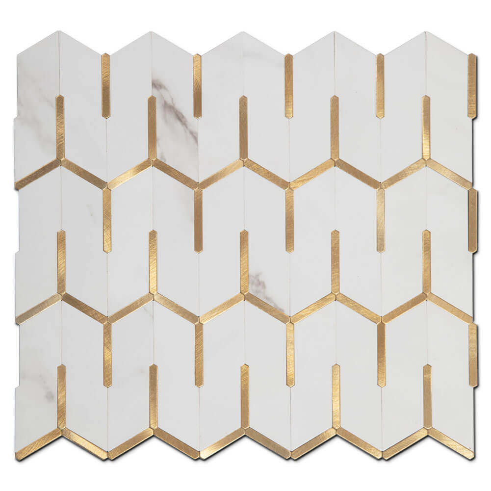 Peel and Stick Tile Backsplash PVC White Marble Stone with Gold Metal Chevron Tile (5-Pack)