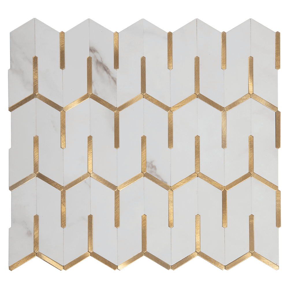 Peel and Stick Tile Backsplash PVC White Marble Stone with Gold Metal Chevron Tile (5-Pack)