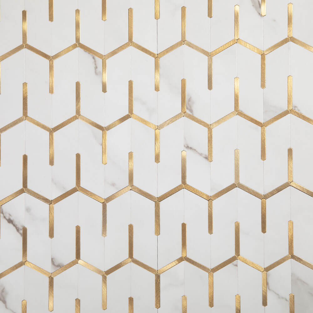 Peel and Stick Tile Backsplash PVC White Marble Stone with Gold Metal Chevron Tile (5-Pack)