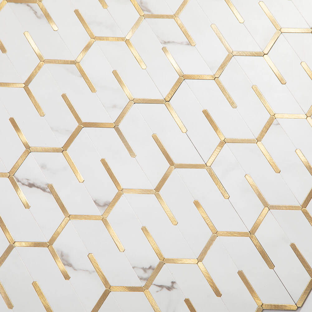 Peel and Stick Tile Backsplash PVC White Marble Stone with Gold Metal Chevron Tile (5-Pack)