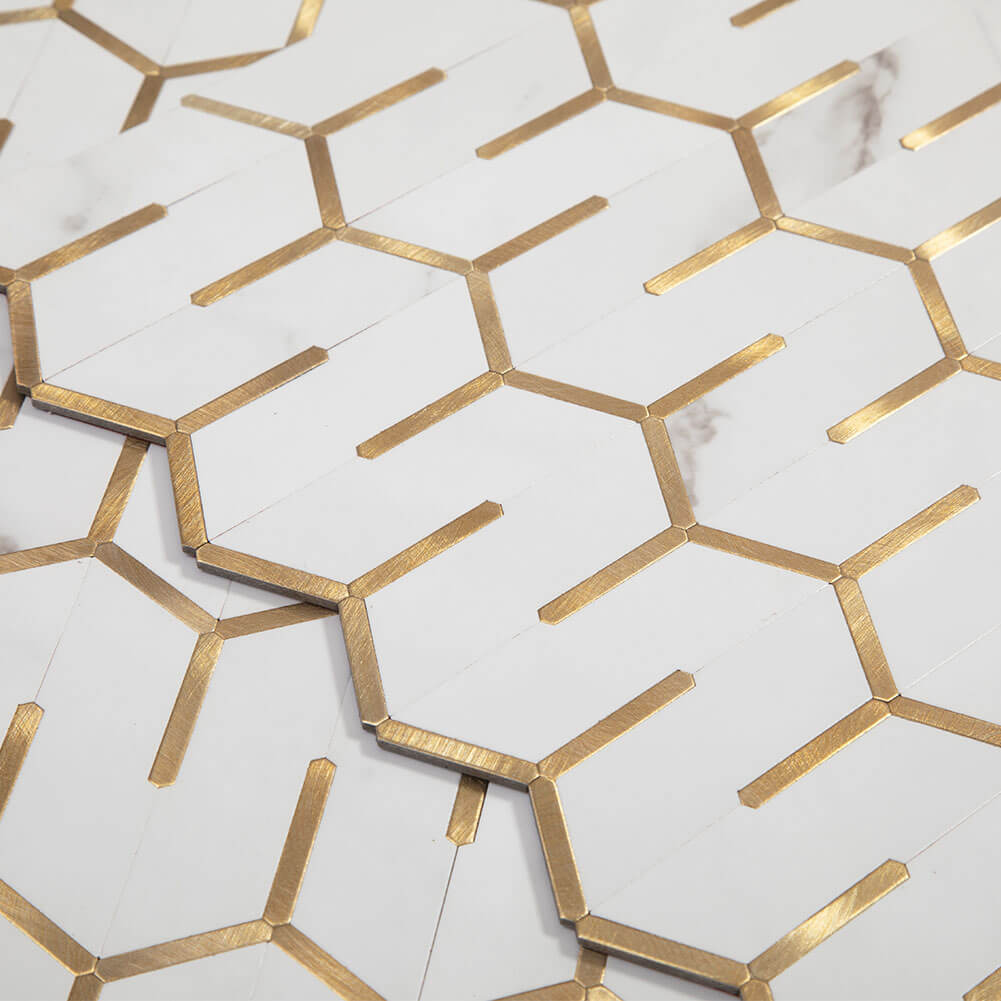 Peel and Stick Tile Backsplash PVC White Marble Stone with Gold Metal Chevron Tile (5-Pack)
